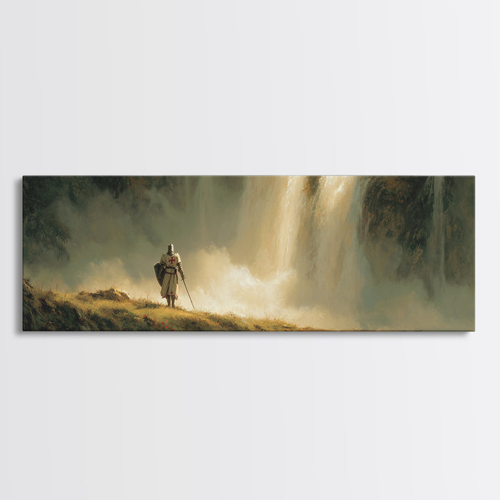 Medieval Knight Standing Near Waterfall Landscape Oil Painting Wall Art Canvas Print For Home Decor