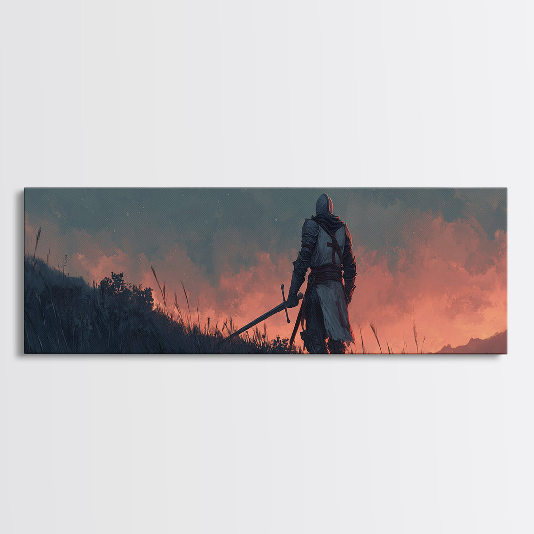 Brave Medieval Knight Staring At Fiery Sunset Holding Sword Canvas Print