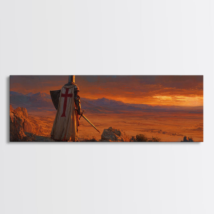Medieval Knight Standing on Cliff Overlooking Sunset Dramatic Figurative Wall Art Oil Painting Canvas Print for Rustic Home Decor
