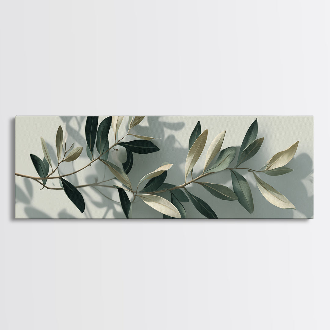 Olive Branch With Soft Shadows Wall Art, Minimalist Botanical Art Print, Sage Green Wall Decor, Modern Japandi Canvas Print
