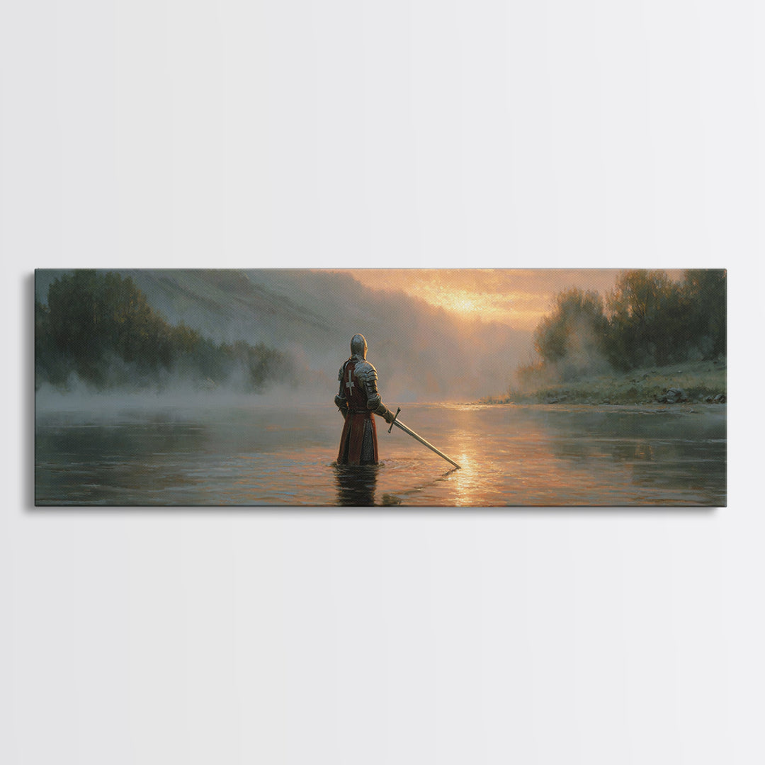 Knight Standing In Misty River At Sunrise With Sword Large Wall Art For Medieval Art Lovers