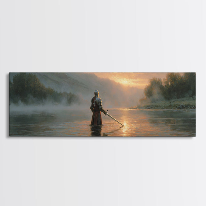 Knight Standing In Misty River At Sunrise With Sword Large Wall Art For Medieval Art Lovers