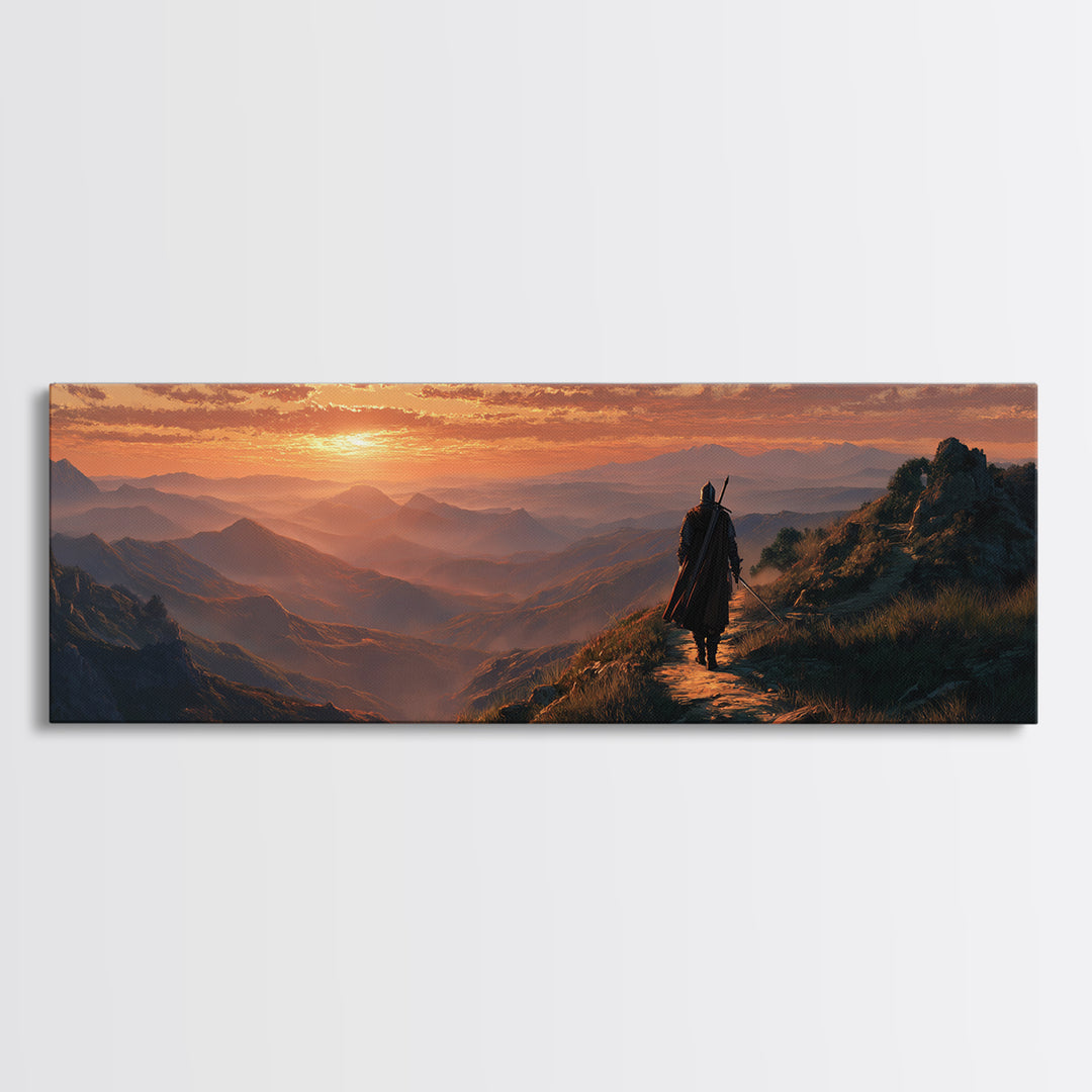 Medieval Knight Walking On Mountain Path At Sunset Dramatic Landscape Wall Art Framed Canvas Print For Fantasy Room Decor And Gifts