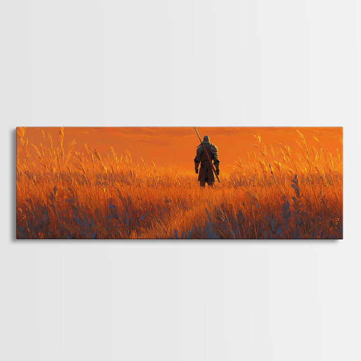 Epic Warrior Standing in Fiery Field Fantasy Painting Wall Art Framed Canvas Print with Dramatic Sky for Home and Office Decor