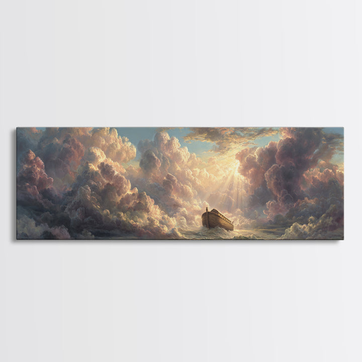 Epic Noah's Ark Floating On Stormy Sea With Divine Light Breaking Through Clouds Canvas Print