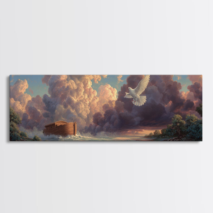 Serene Noahs Ark Ocean Landscape With Dove And Dramatic Sky Inspirational Wall Art Framed Canvas Print