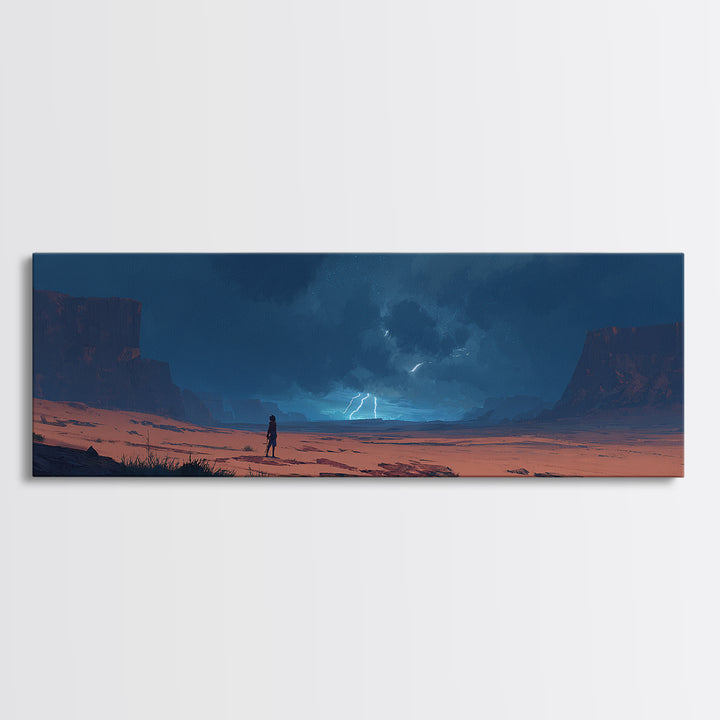 Moody Desert Landscape Lightning Storm Digital Painting Dramatic Wall Art Framed Canvas Print Modern Home Decor