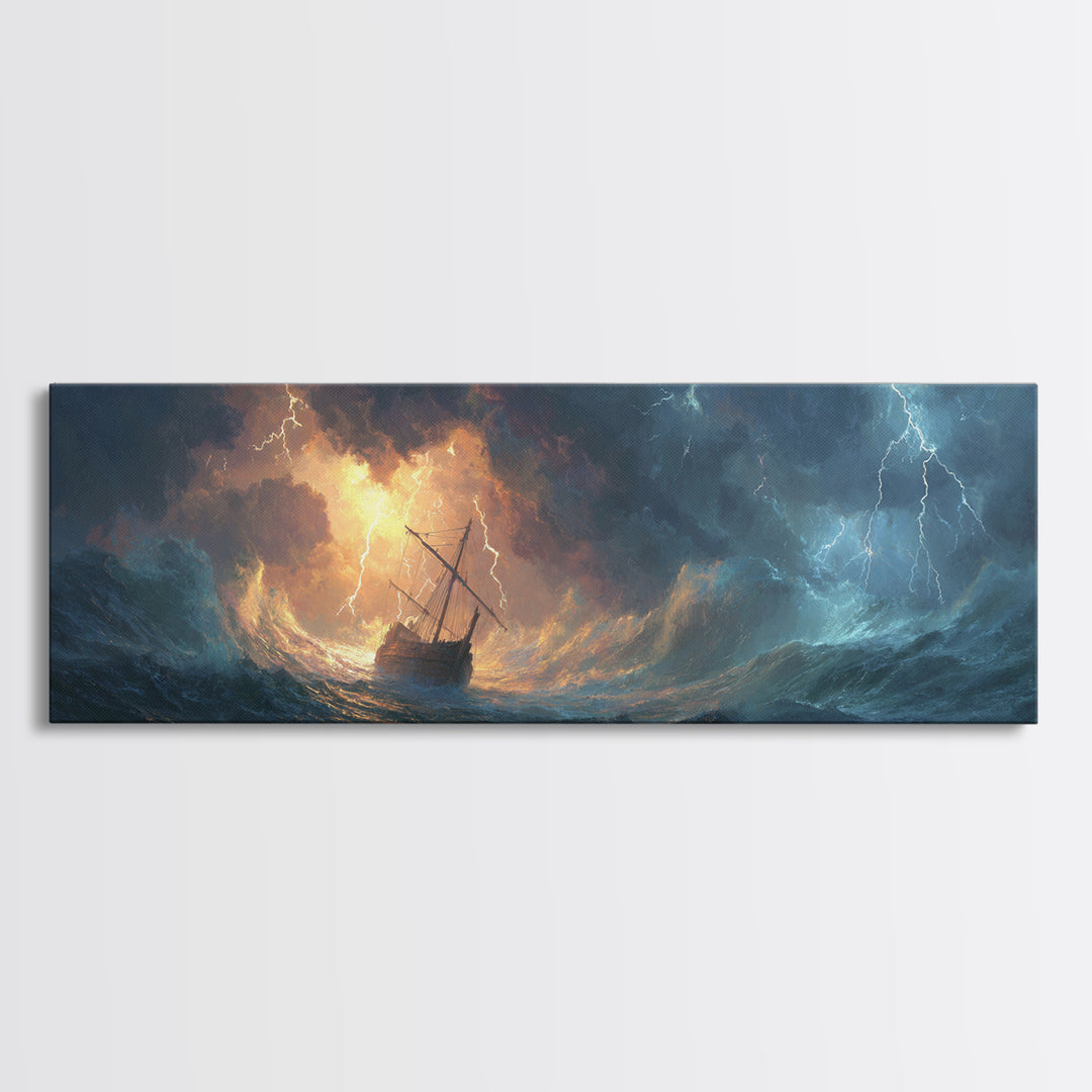 Stormy Ocean Ship In Lightning And Waves Painting Dramatic Seascape Wall Art Framed Canvas Print Perfect For Coastal Living Room Or Nautical Office Decor