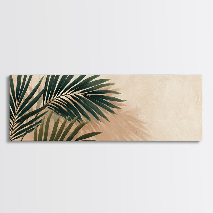 Tropical Palm Leaf Shadows Wall Art, Minimal Botanical Canvas Print, Coastal Boho Home Decor, Neutral Beige Living Room Art