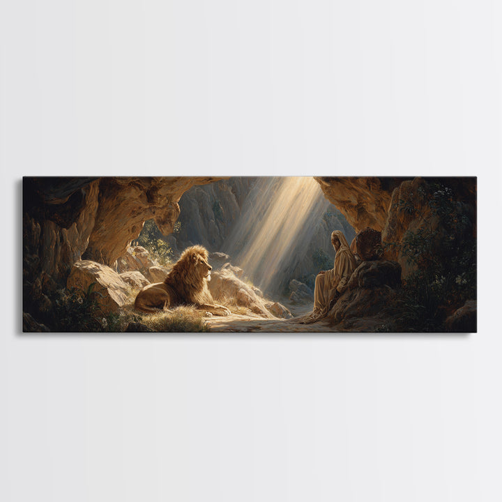Sunlit Cave Scene With Lion And Sage Figure Painting Wall Art Framed Canvas Print For Mystical Home Decor