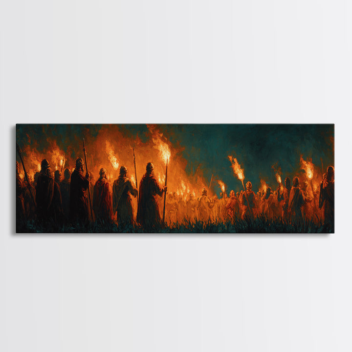 Moody Fiery Torch Lit Night Procession Painting Wall Art Framed Canvas Print For Medieval Dark Romantic And Gothic Decor