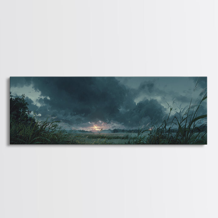 Dramatic Stormy Landscape Digital Painting With Lush Grasses and Dark Clouds Sunset Scene Canvas Print