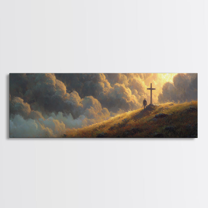 Mystical Knight Near Giant Cross Under Dramatic Sunset Clouds Fantasy Wall Art Canvas Print For Romantic And Spiritual Home Decor