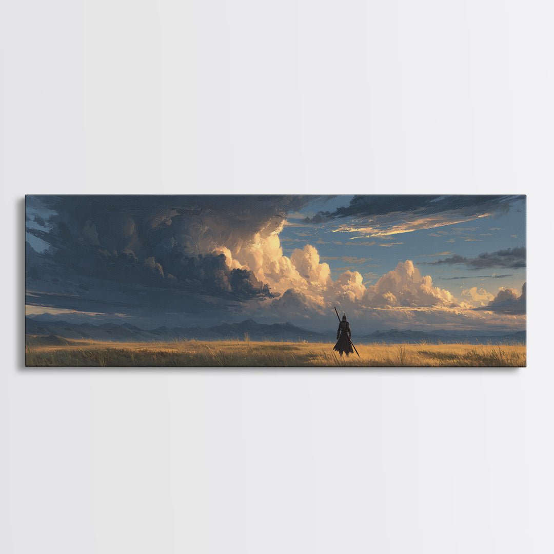 Knight In Field Under Dramatic Cloudscape Sunset Sky Wall Art Canvas Print For Rustic Living Room Decor And Gift For Him