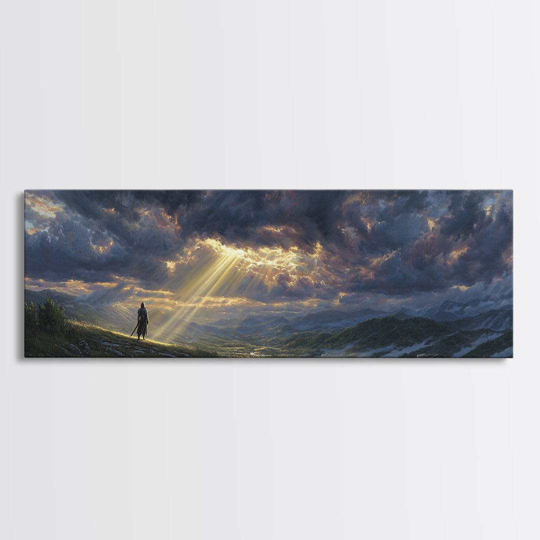 Sunlight Breaking Through Stormy Clouds Over Knight In Vast Landscape Canvas Print Large Wall Art For Moody Home Decor