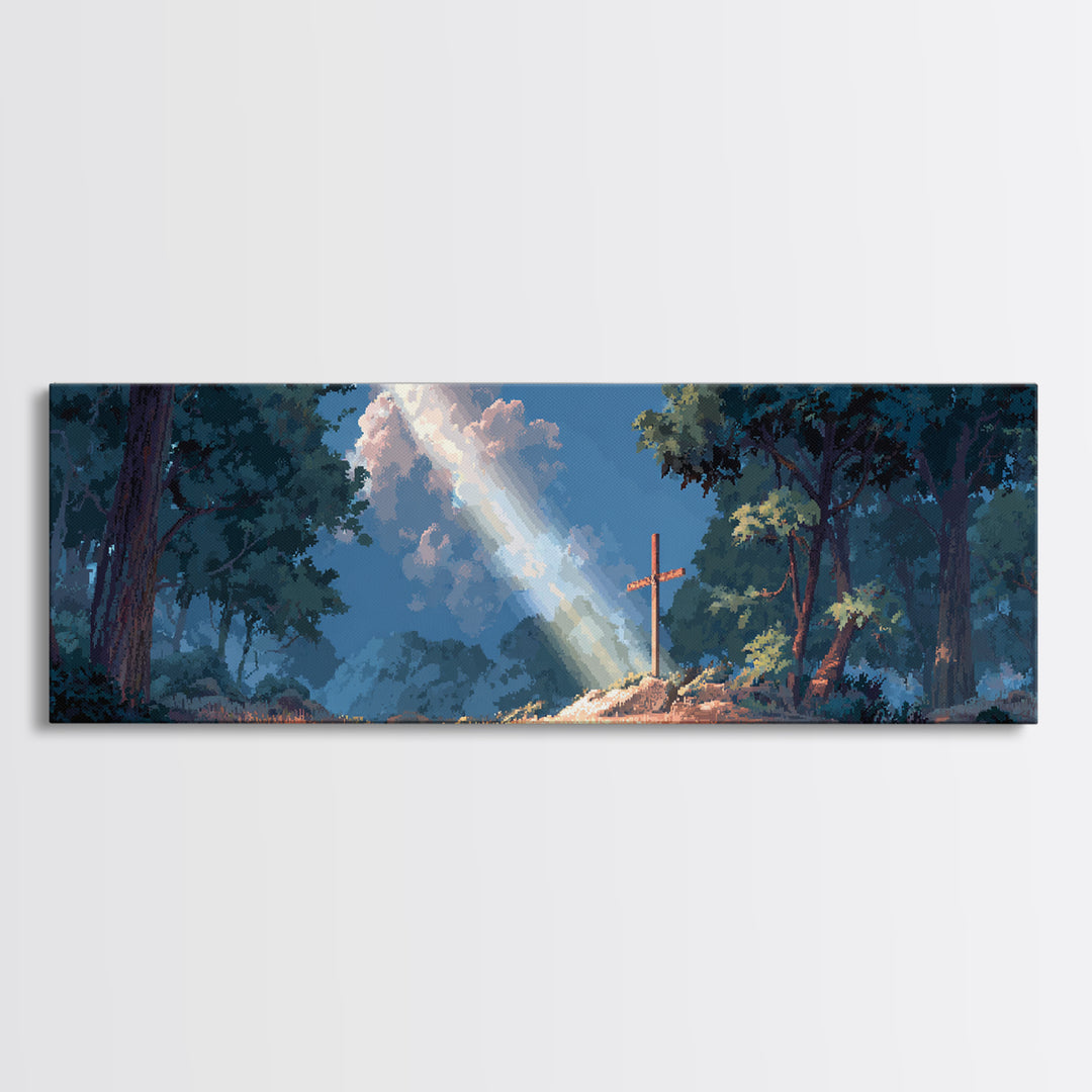 Sun Beam Lighting Cross On Hill With Forest Background Moody Religious Wall Art Canvas Print