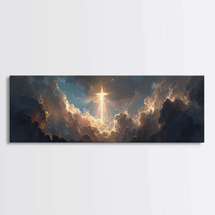 Majestic Gleaming Cross In Clouds Spiritual Religious Wall Art Framed Canvas Print Inspirational Home Decor