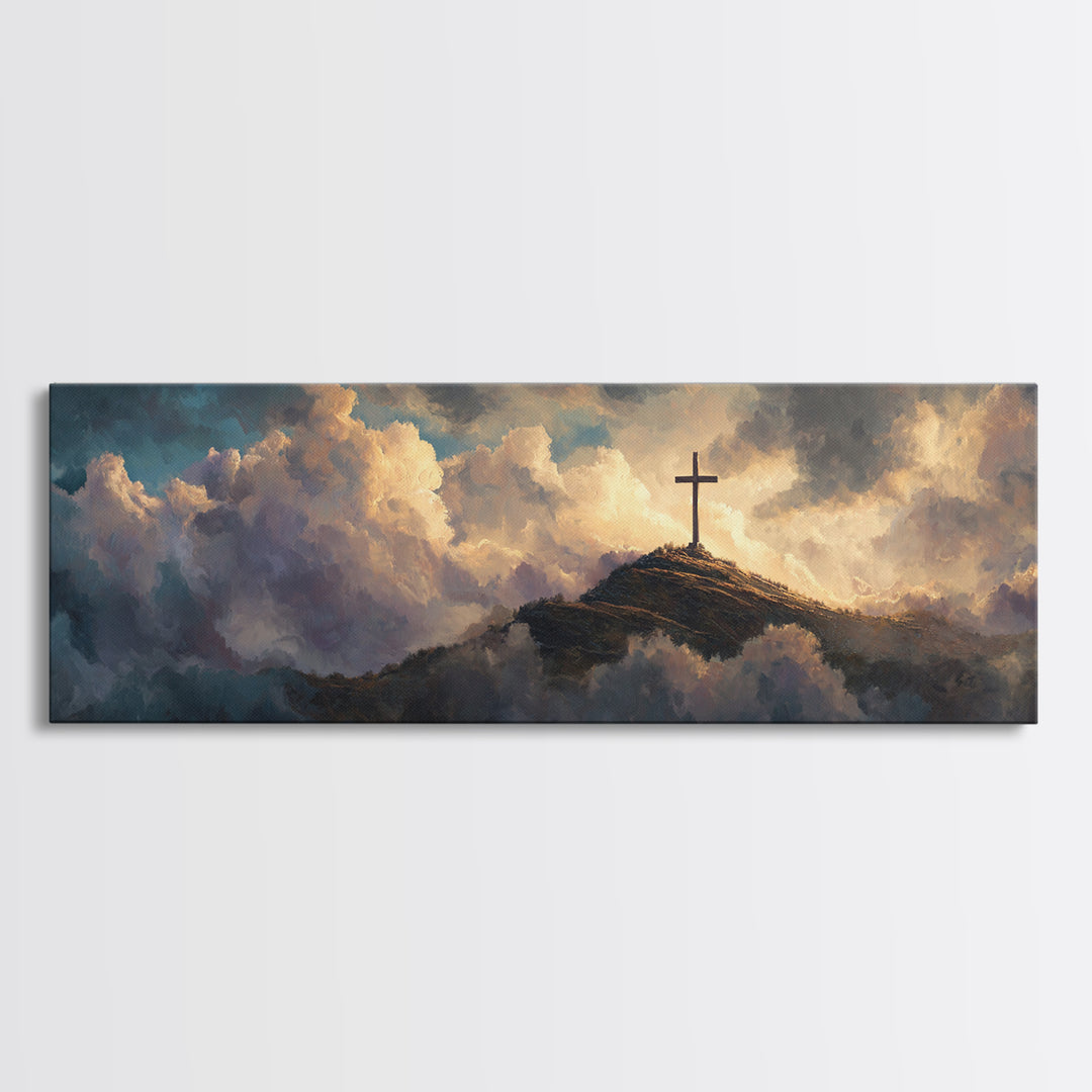 Solitary Cross Atop Mountain Amid Heavenly Clouds Wall Art Large Canvas Print Inspirational Christian Home Decor