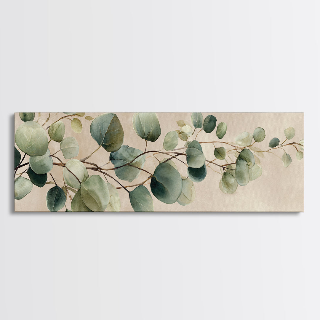 Eucalyptus Branch Botanical Wall Art, Sage Green Neutral Canvas Print, Japandi Living Room Decor, Above Bed Wall Decor, Large Wall Art