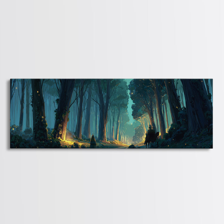 Mystical Enchanted Forest Pathway With Lanterns And Traveler Walking Horse Canvas Print