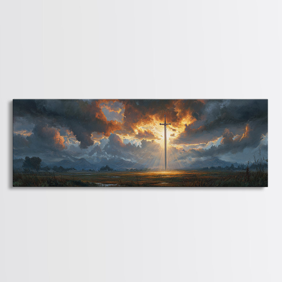 Dramatic Sword Light Rays Landscape Oil Painting Wall Art Framed Canvas Print with Realistic Fantasy Scene for Home and Office