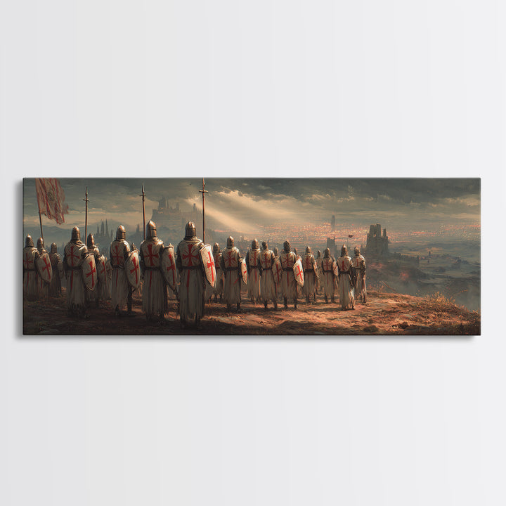 Medieval Knights With Cross Shields In Battlefield At Dusk Wall Art Framed Canvas Print For Living Room Decor
