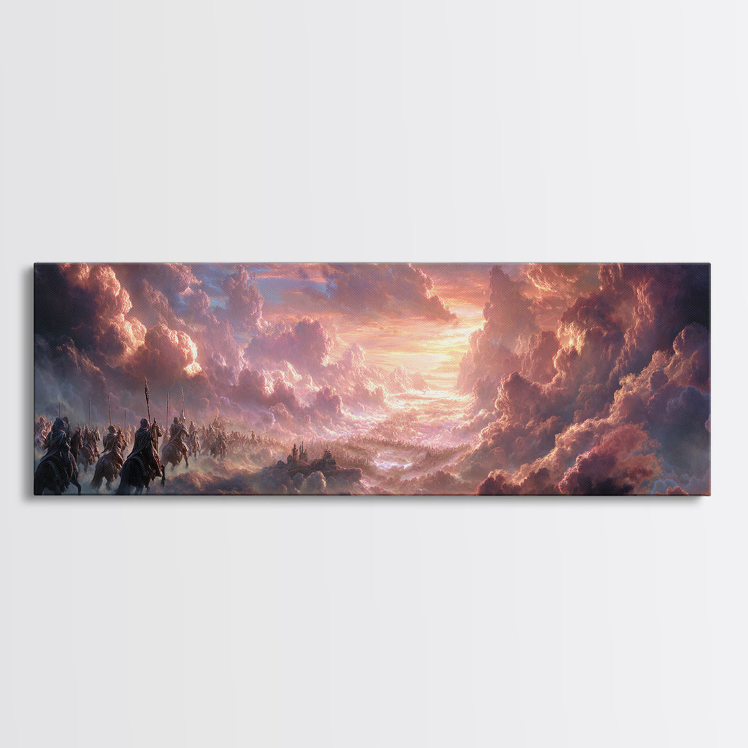 Epic Fantasy Army Charging Through Dramatic Clouds At Sunset Colorful Landscape Wall Art Framed Canvas Print