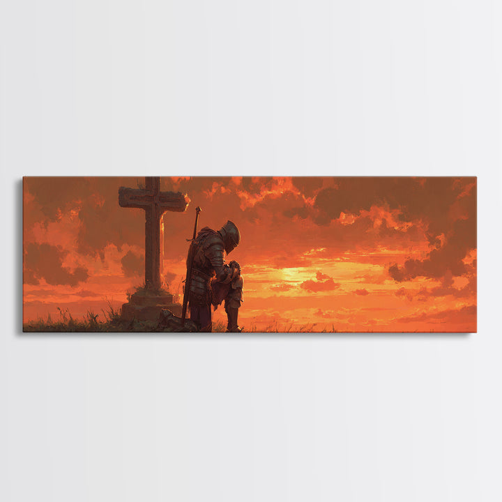 Knight In Armor Kneeling At Cross Dramatic Sunset Religious Framed Canvas Print Wall Art For Home
