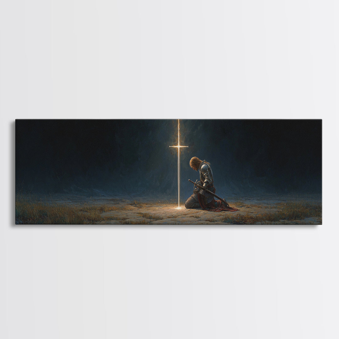 Medieval Knight Kneeling In Prayer Before Glowing Cross Fantasy Wall Art Framed Canvas Print Historic Decor
