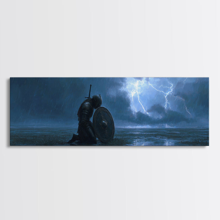 Medieval Knight Kneeling In Rain With Shield Lighting Stormy Sky - Canvas Print, Wall Art For Living Room, Office Decor, Gift For Him