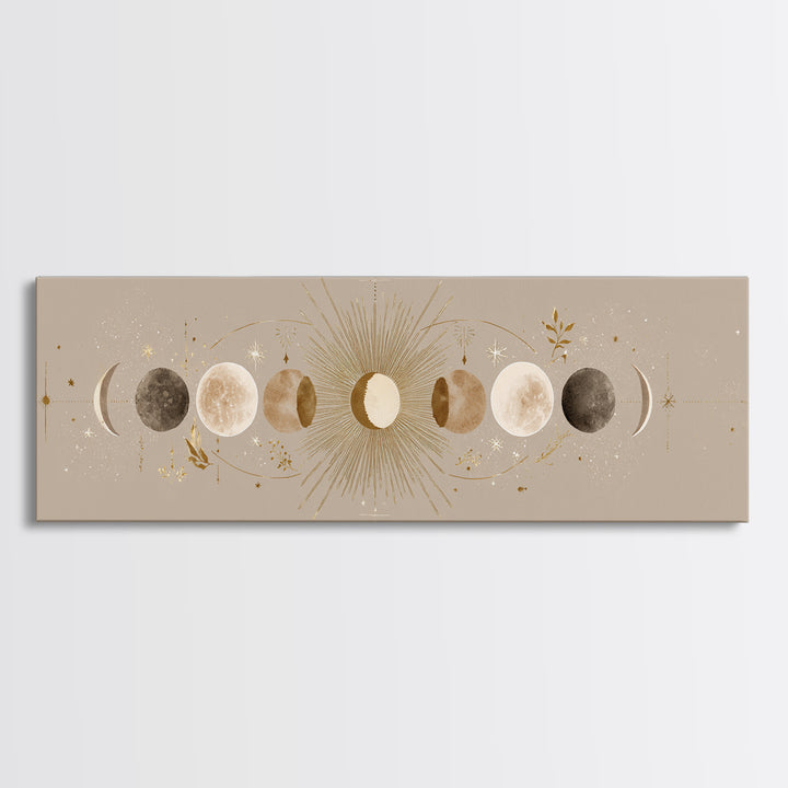 Moon Phases Celestial Wall Art, Gold Sun And Lunar Canvas Print, Neutral Boho Bedroom Decor, Mystical Above Bed Art Print