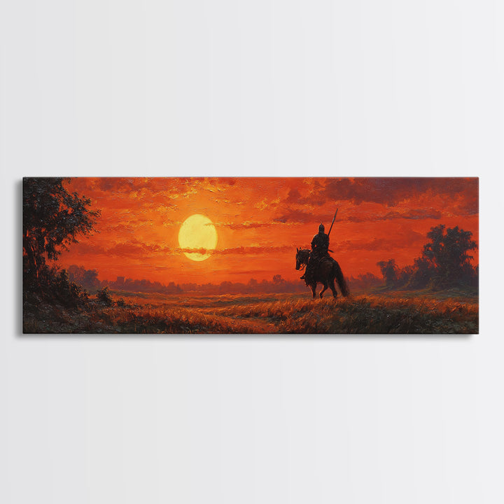 Sunset Scene Painting Of Knight On Horseback In Golden Field Stunning Orange Sky Wall Art