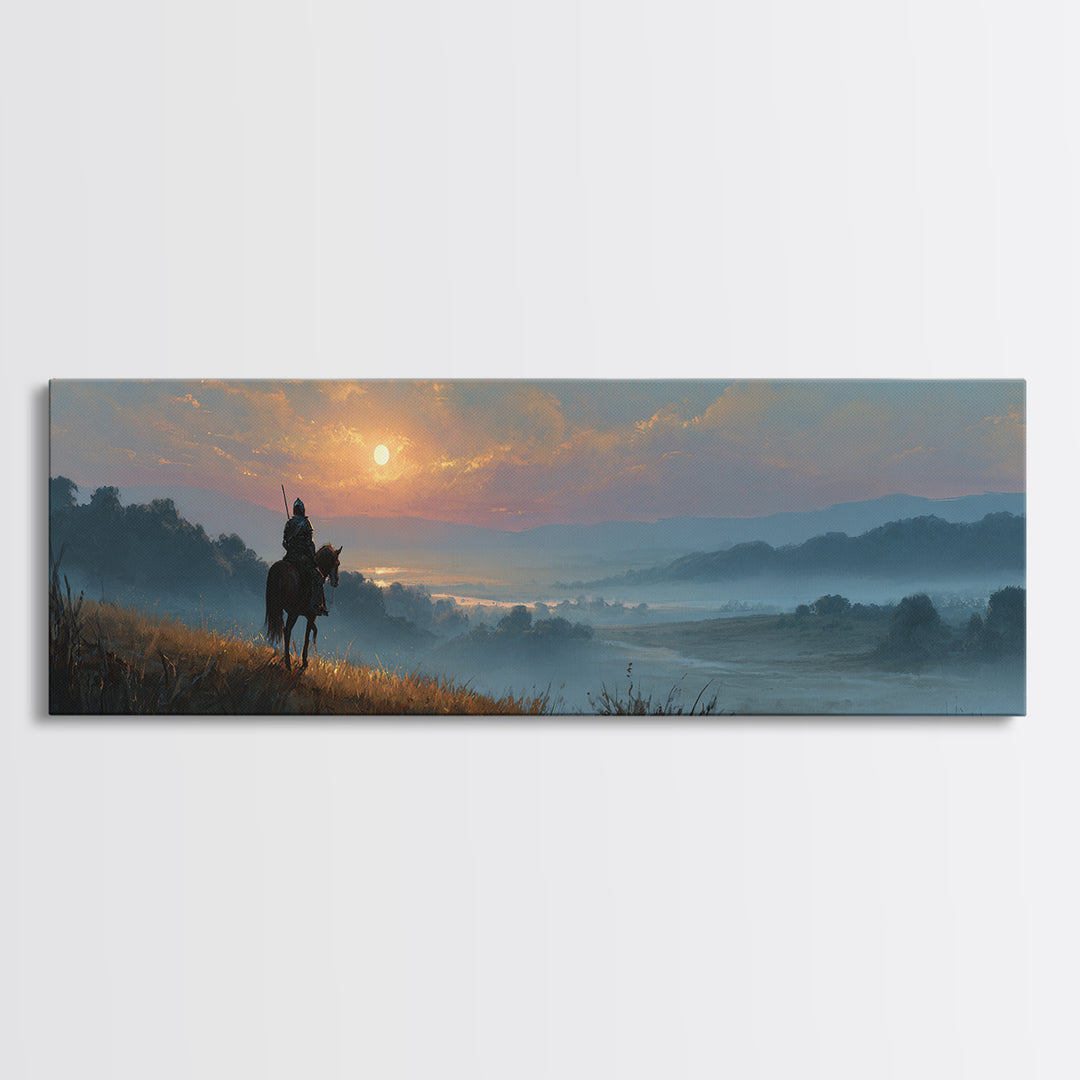 Knight On Horseback Overlooking Serene Valley At Sunset Landscape Wall Art Canvas Print For Calming Decor