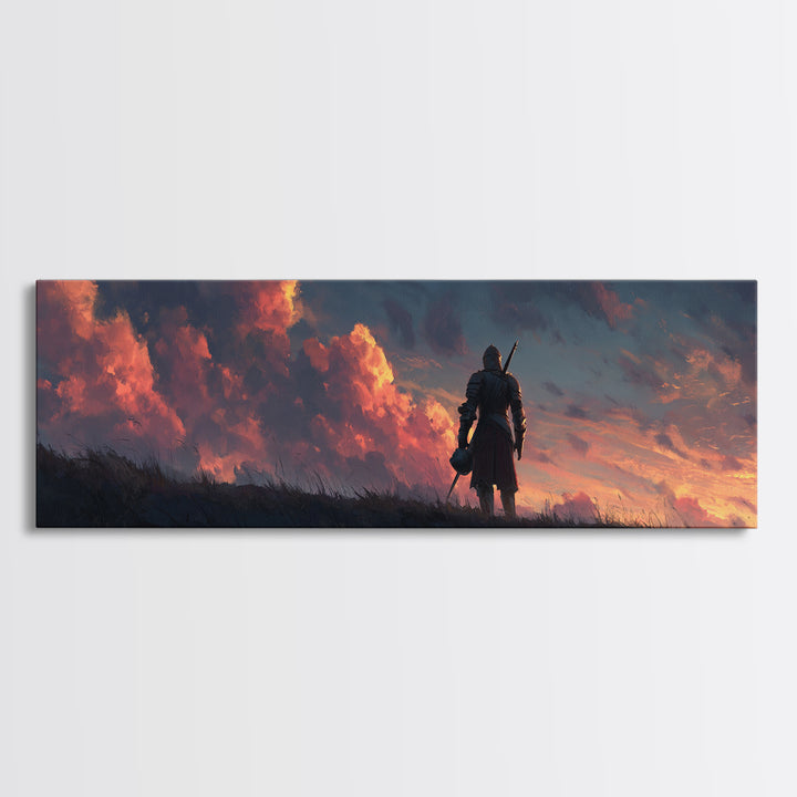 Medieval Knight Standing Against Dramatic Sunset Sky - Inspirational Wall Art Canvas Print For Bedroom And Office Decor