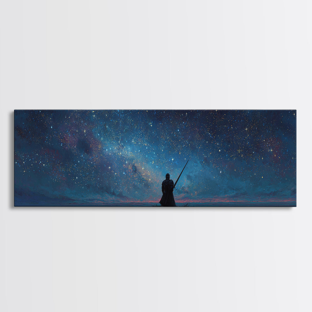 Magical Knight In Armor Under Starry Sky Night Landscape Wall Art Framed Canvas Print For Fantasy Decor
