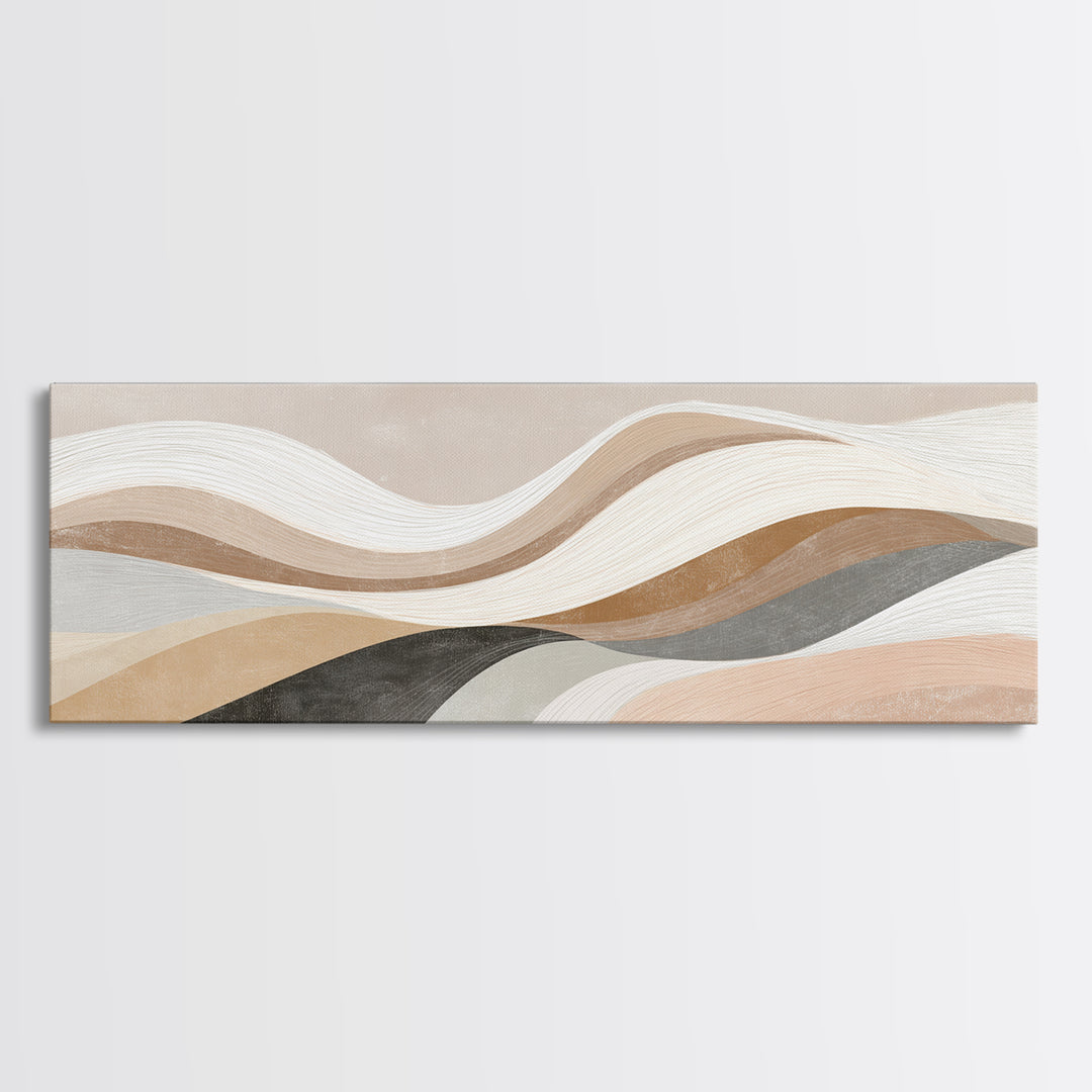 Layered Neutral Abstract Wall Art, Wavy Beige Canvas Print, Mid Century Modern Living Room Decor, Long Horizontal Art Print