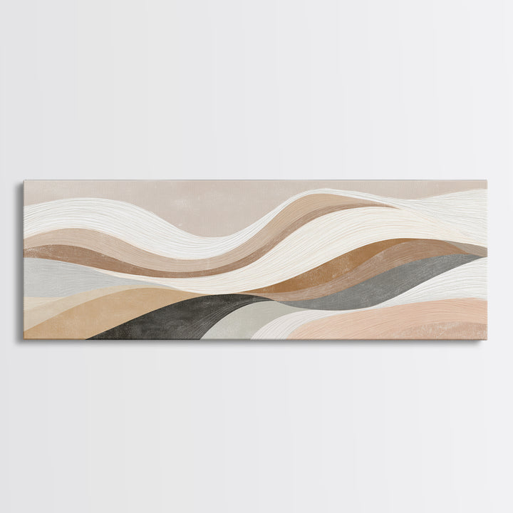 Layered Neutral Abstract Wall Art, Wavy Beige Canvas Print, Mid Century Modern Living Room Decor, Long Horizontal Art Print