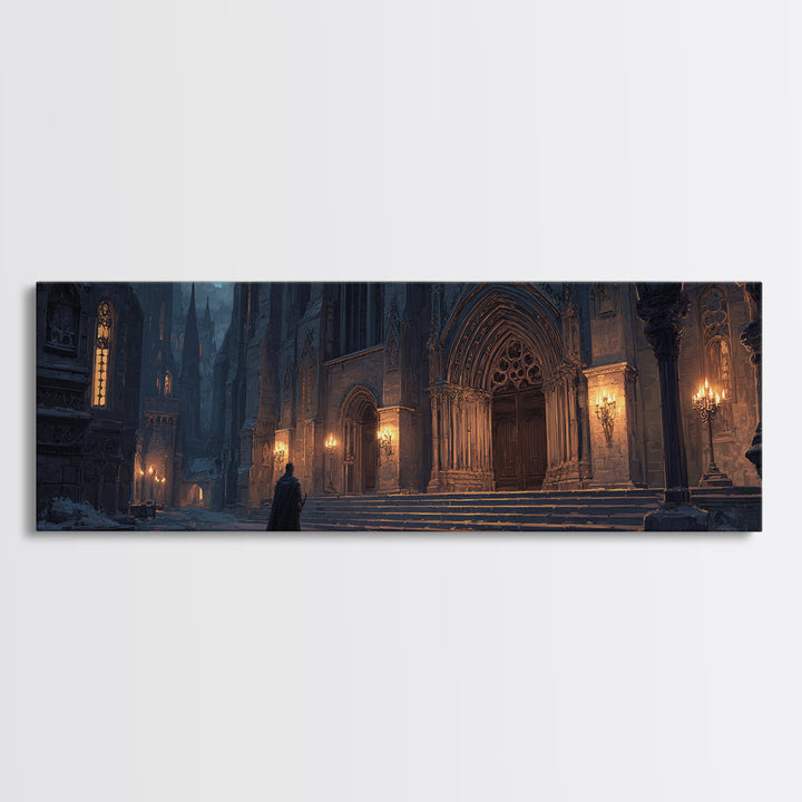 Dark Gothic Cathedral In Snow Framed Canvas Print, Moody Wall Art, Medieval Architecture Decor, Fantasy Cityscape Art Print