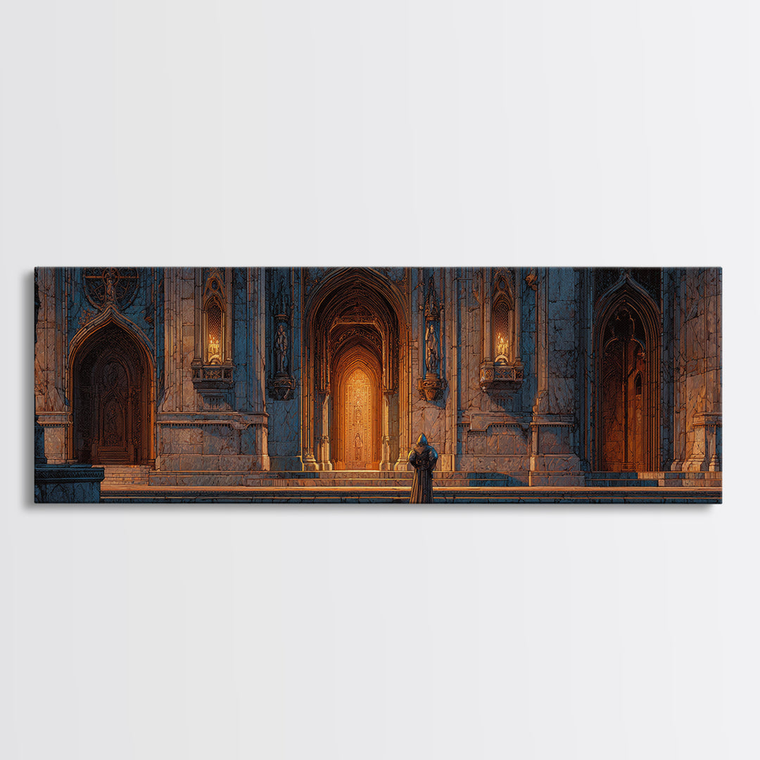 Medieval Knight Standing Before Illuminated Gothic Cathedral Entrance Wall Art Framed Canvas Print