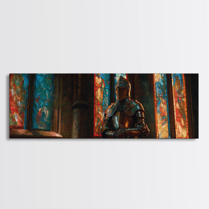 Praying Knight In Gleaming Armor Amid Stained Glass Windows Framed Canvas Print Medieval Religious Wall Art