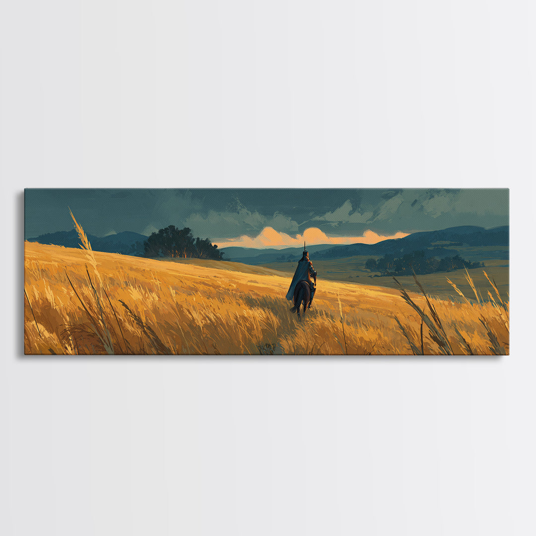 Solitary Knight Riding Through A Vast Golden Wheat Field At Sunset Landscape Canvas Print For Rustic Home Decor