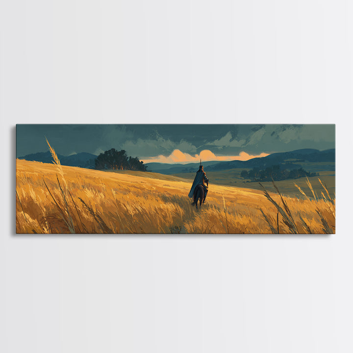 Solitary Knight Riding Through A Vast Golden Wheat Field At Sunset Landscape Canvas Print For Rustic Home Decor