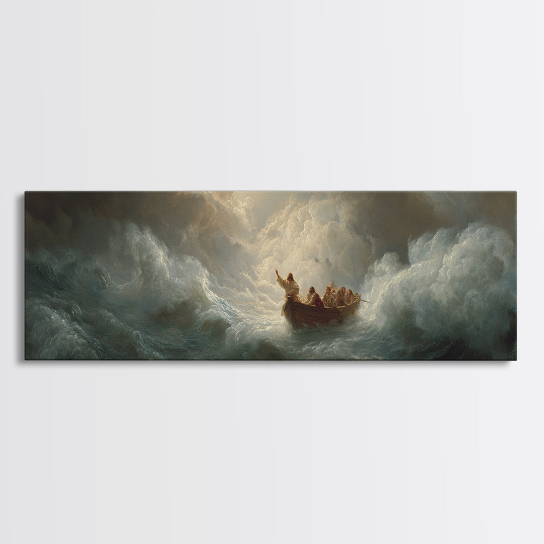 Tiny Boat In Stormy Ocean Waves Wall Art, Dramatic Seascape Painting, Biblical Sea Canvas Print, Moody Coastal Decor Gift