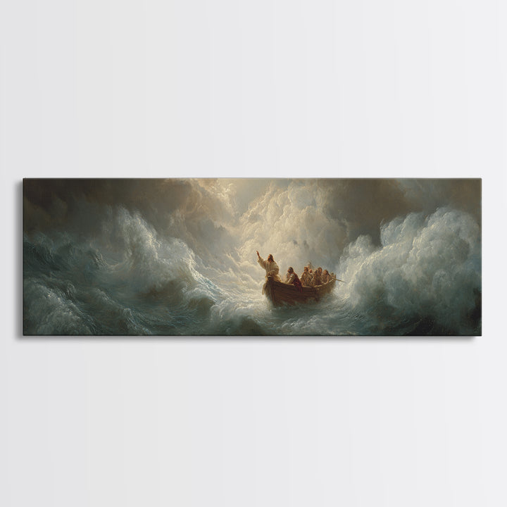 Tiny Boat In Stormy Ocean Waves Wall Art, Dramatic Seascape Painting, Biblical Sea Canvas Print, Moody Coastal Decor Gift