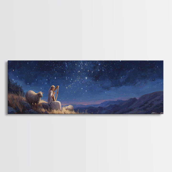 Serene Nighttime Scene of Woman Playing Harp Among Sheep Under Starry Sky Magical Landscape Wall Art Canvas Print