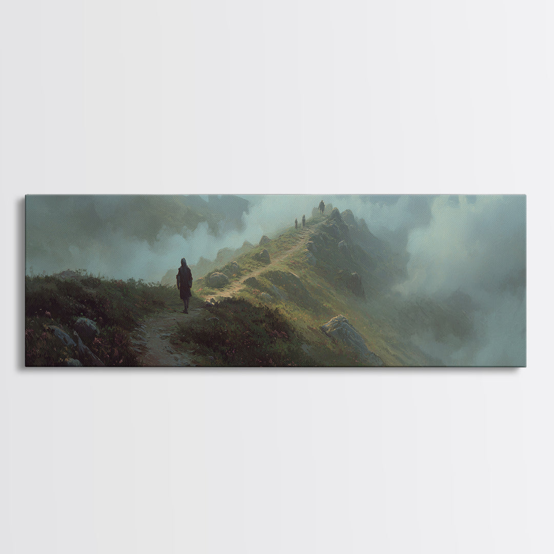 Epic Fantasy Landscape With Knight On Foggy Mountain Path Wall Art Framed Canvas Print For Bedroom Decor