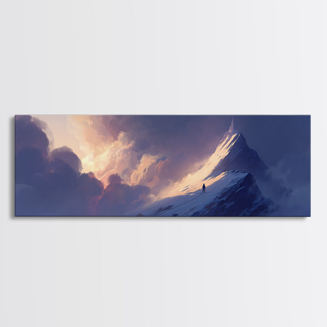 Epic Mountain Summit Climber Under Dramatic Sky Digital Painting Wall Art Framed Canvas Print For Adventure Home Decor