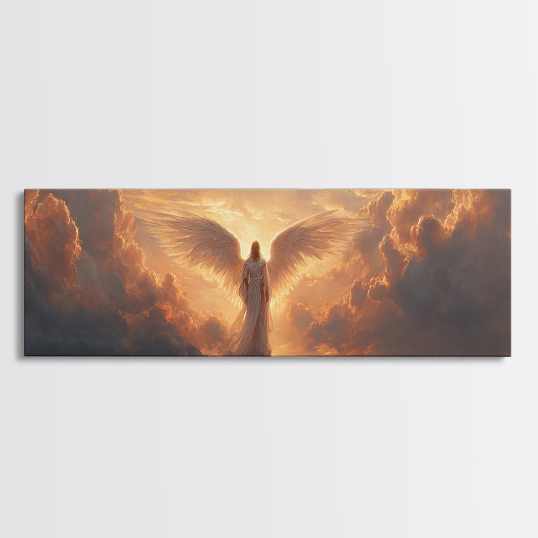 Majestic Angel Figure Surrounded By Glowing Clouds Inspirational Religious Wall Art Canvas Print For Spiritual Home Decor