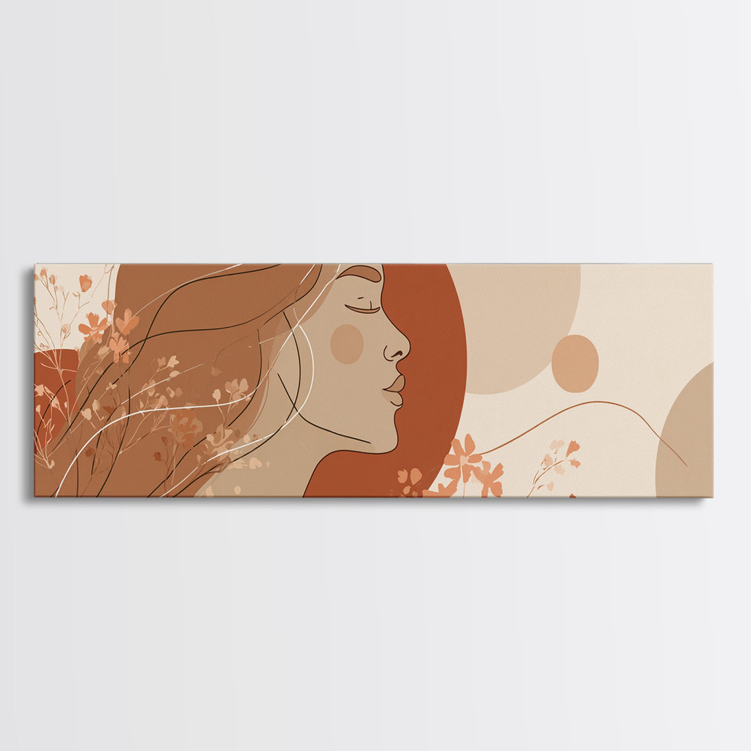 Boho Woman Profile Floral Wall Art, Terracotta Sun Canvas Print, Feminine Abstract Portrait, Modern Bedroom Decor, Gift For Her