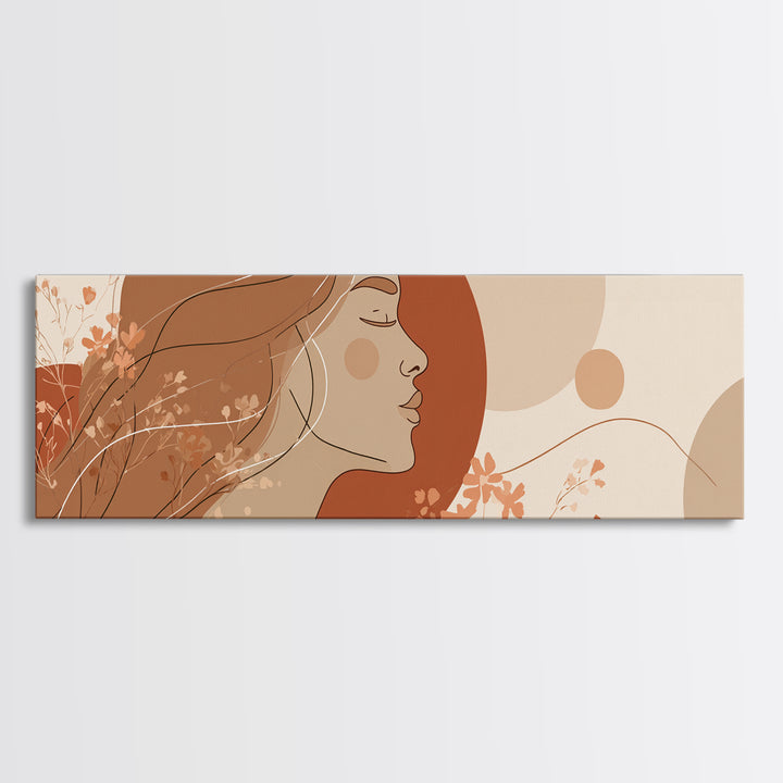 Boho Woman Profile Floral Wall Art, Terracotta Sun Canvas Print, Feminine Abstract Portrait, Modern Bedroom Decor, Gift For Her